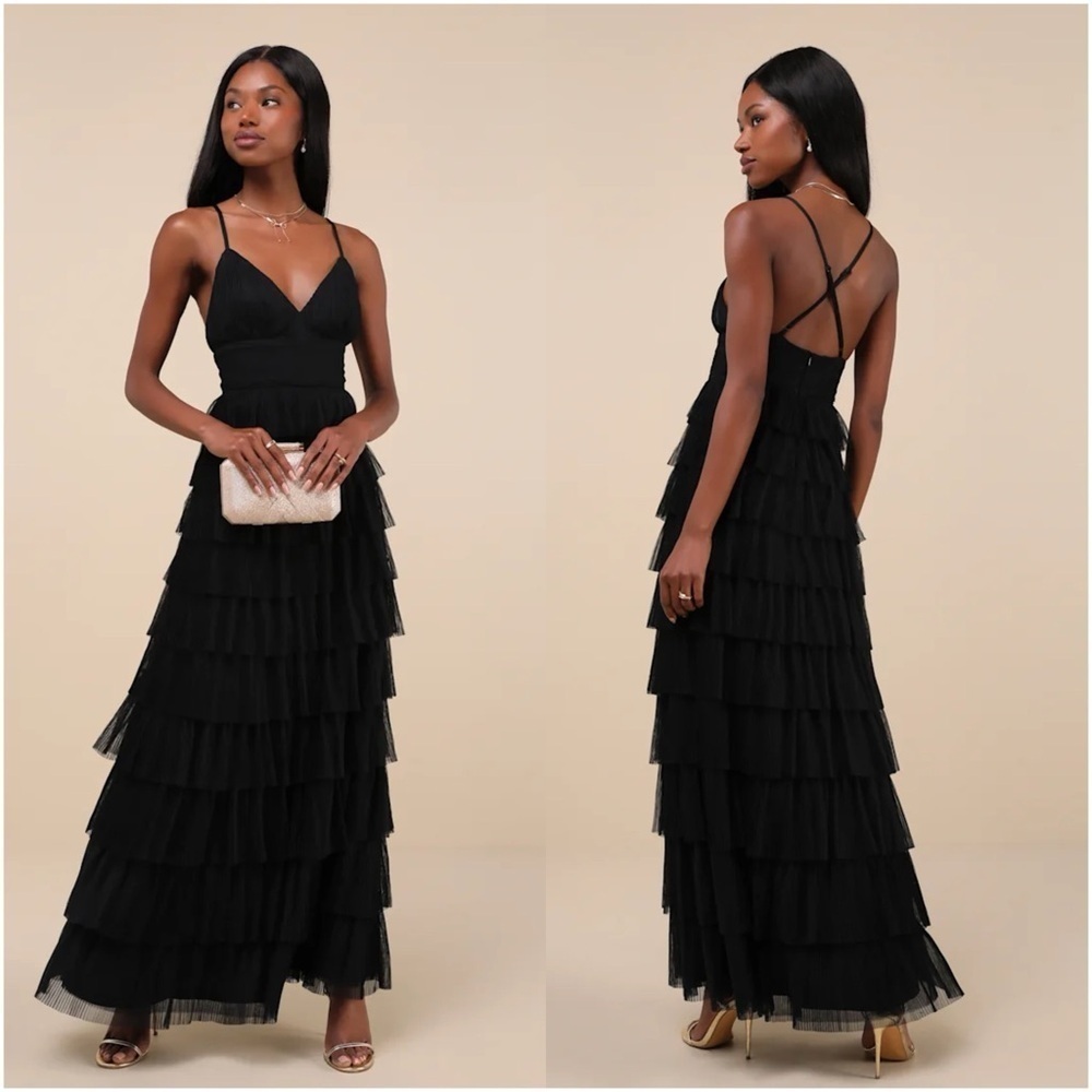LULU’S Radiant Event Black Mesh Tiered Pleated Backless Maxi Dress